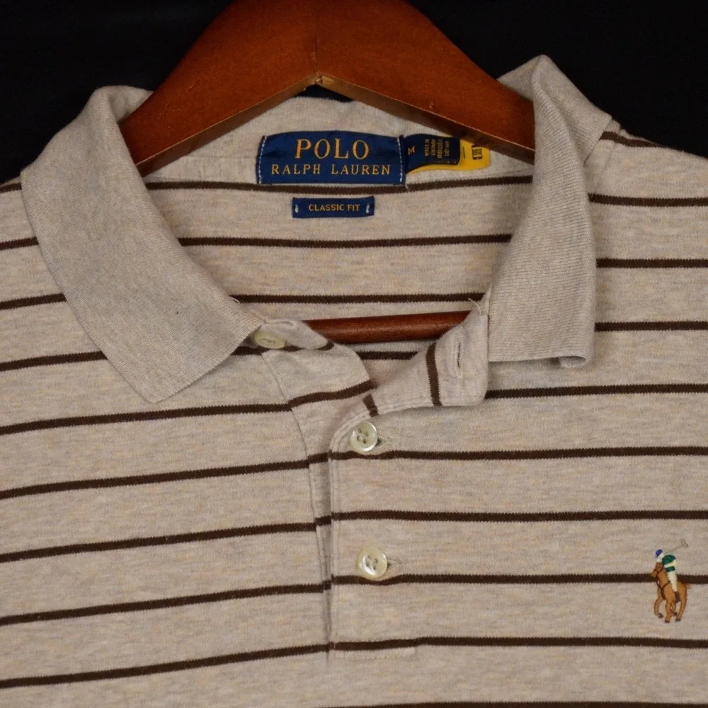 Polo Ralph Lauren Polo Shirt Mens M Beige Brown Striped Classic Fit Cotton